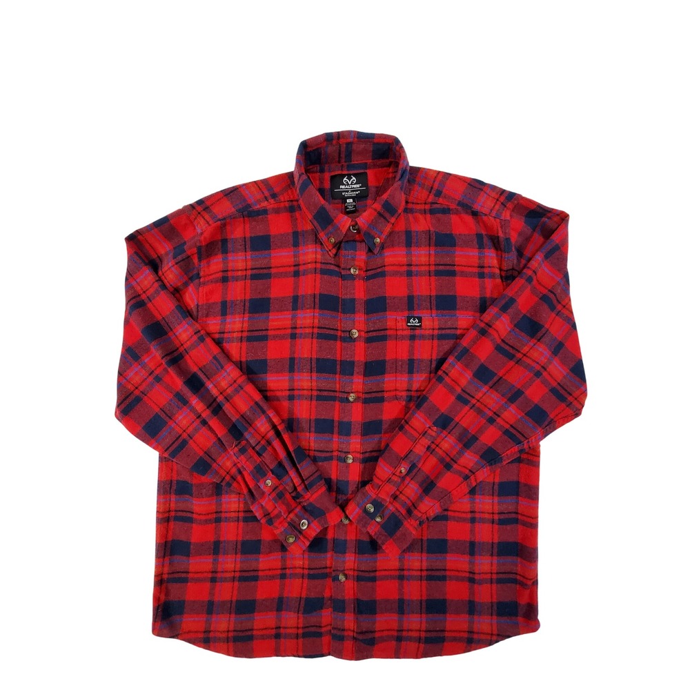 Realtree Staghorn Outfitters Men's XL Flannel‎ Shirt Red Navy Plaid Button Up